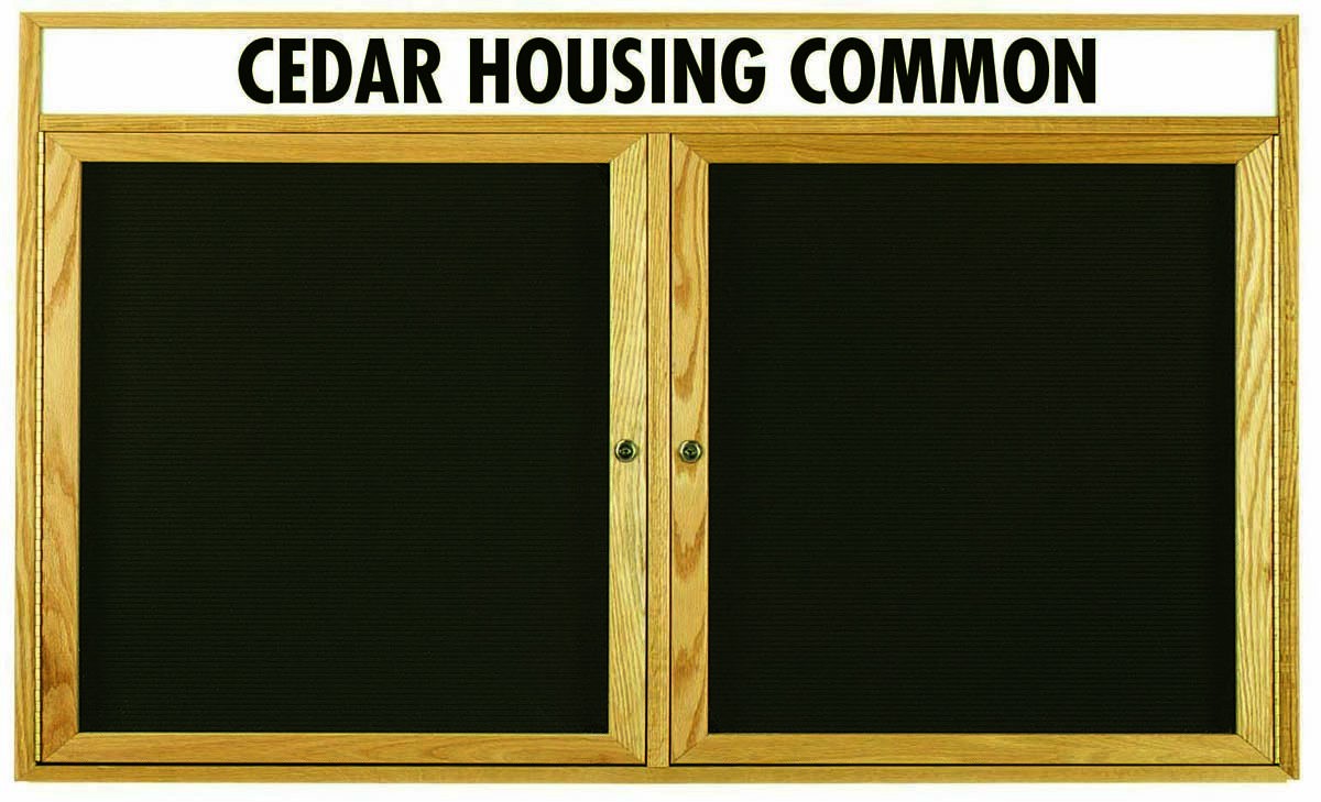 Aarco Products ODC3660H 2-Door Oak Frame Enclosed Letter Board Message Center with Header, 60"W x 36"H