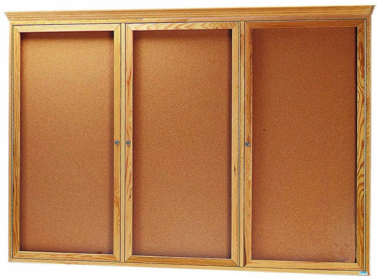Aarco Products OBC4872RC 3 Door Enclosed Bulletin Board with Crown Molding and Natural Oak Frame 72"W x 48"H