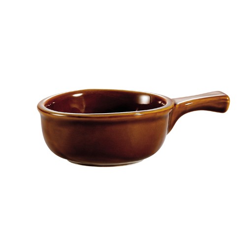 CAC China OC-15-H Stoneware Round Onion Soup Crock with Handle, Brown 15 oz. 