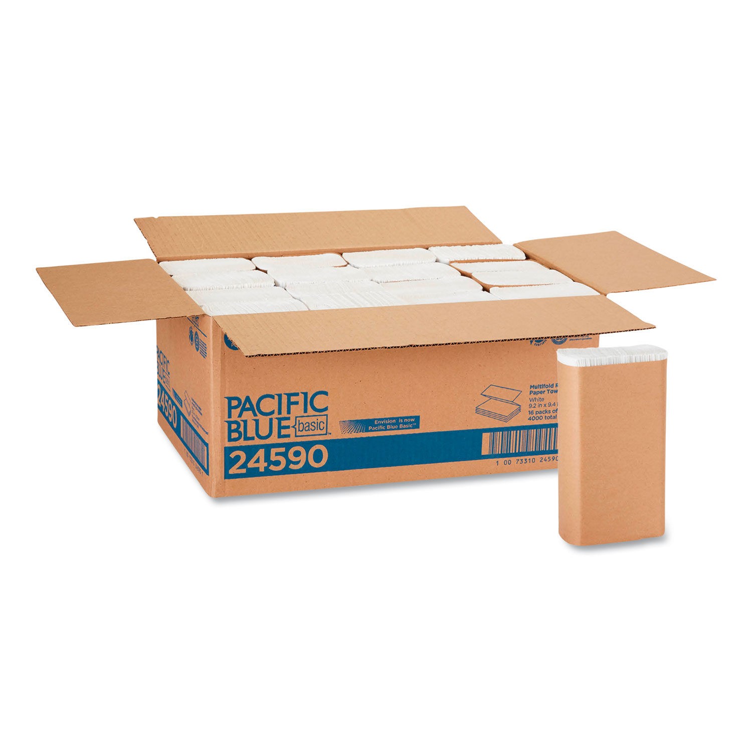 Pacific Blue Basic M-Fold Paper Towels, 9 1/5 x 9 2/5, White, 250/Pack, 16 Pack/Carton