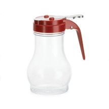 TableCraft P410RE Teardrop Polycarbonate 10 oz. Syrup Dispenser with Red ABS Top