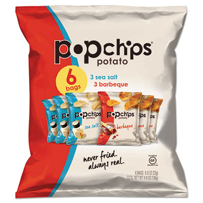 Popchips Potato Chips, BBQ/Sea Salt Flavor, 0.8 oz Bag, 6/Pack