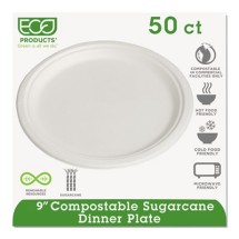 Renewable & Compostable Sugarcane Plates, 9", 50/PK