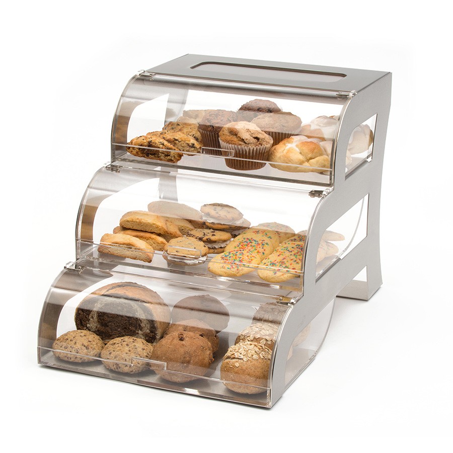 Rosseto BK010 Three-Tier Clear Acrylic Bakery Display Case With Stainless Steel Stand 23.25" x 15.25" x 15.5"