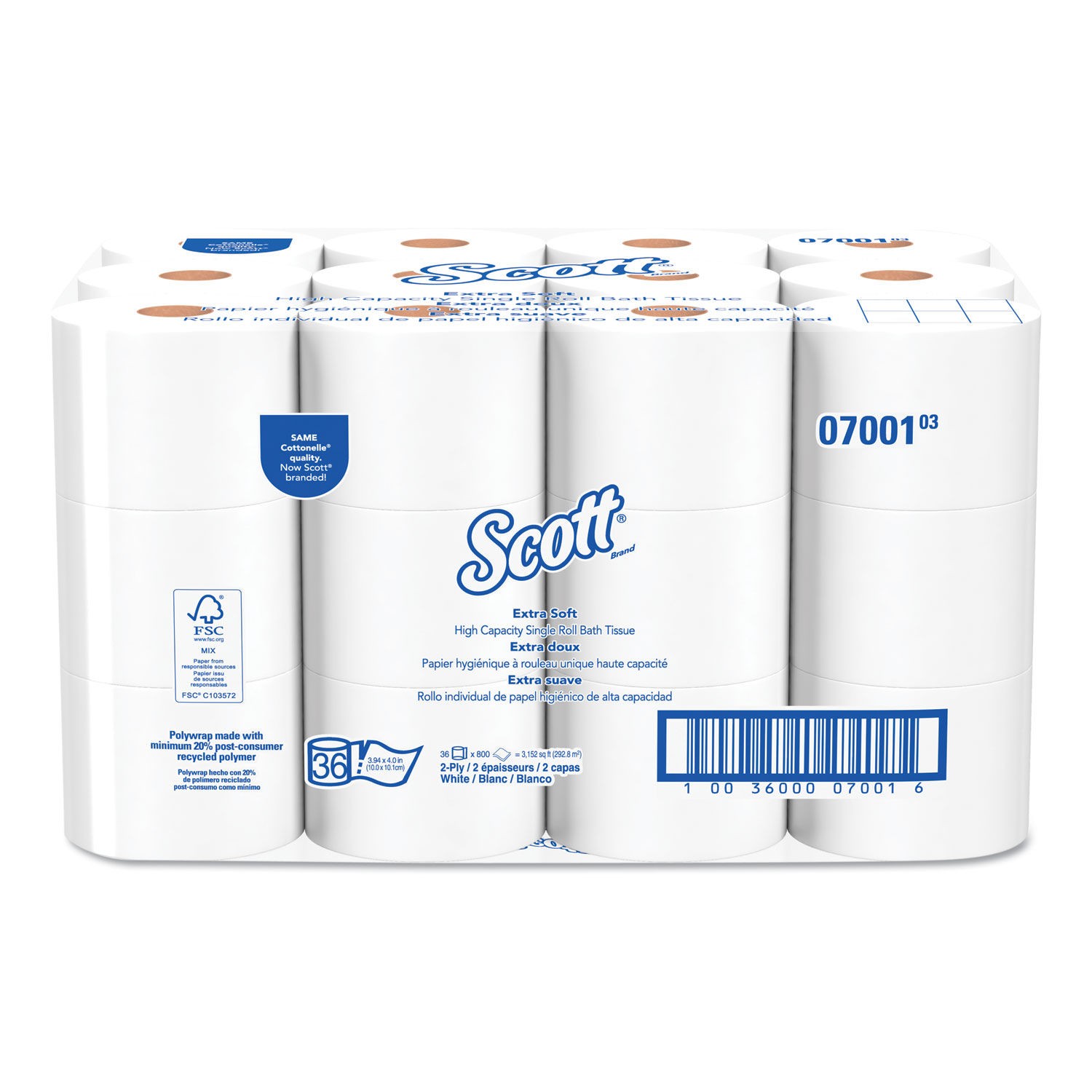 Scott Essential Extra Soft Coreless 2-Ply Toilet Paper Rolls, 36 Rolls/Carton 