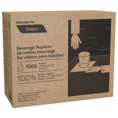 Select Beverage Napkins, 1 Ply, 8 1/2 x 8 1/2, White, 1000/Pack, 4000/Carton