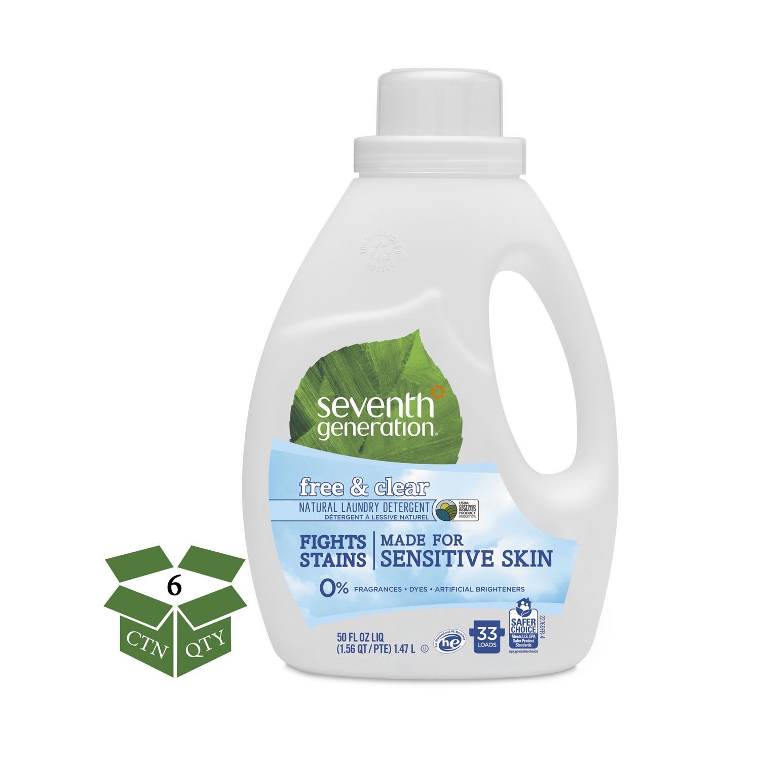 Seventh Generation Free & Clear Laundry Liquid Concentrate, 50 oz Bottle, 6/Carton