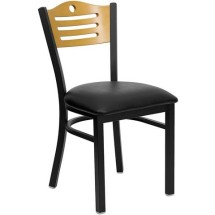 Flash Furniture XU-DG-6G7B-SLAT-BLKV-GG Slat Back Black Metal Restaurant Chair - Natural Wood Back, Black Vinyl Seat