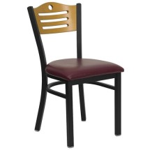 Flash Furniture XU-DG-6G7B-SLAT-BURV-GG Slat Back Black Metal Restaurant Chair - Natural Wood Back, Burgundy Vinyl Seat