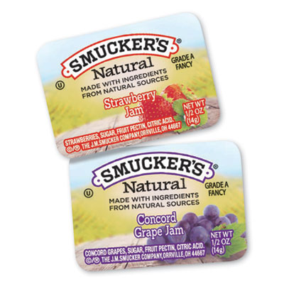 Smuckers 1/2 Ounce Natural Jam, 0.5 oz Container, Grape; Strawberry, 200/Carton