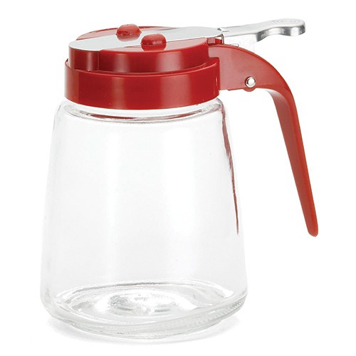 TableCraft 1371RE Modern Glass 12 oz. Syrup Dispenser with Red ABS Top