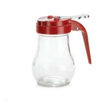 TableCraft 406RE Teardrop Glass 6 oz. Syrup Dispenser with Red ABS Top