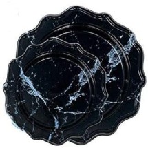 TigerChef Black Marble Round Scalloped Rim Disposable Plastic Plates, Includes 10&quot; Dinner Plates & 8&quot; Salad Plates , Service for 48