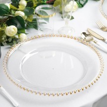 TigerChef Clear Acrylic Plastic Charger Plate With Gold Beaded Rim 12"