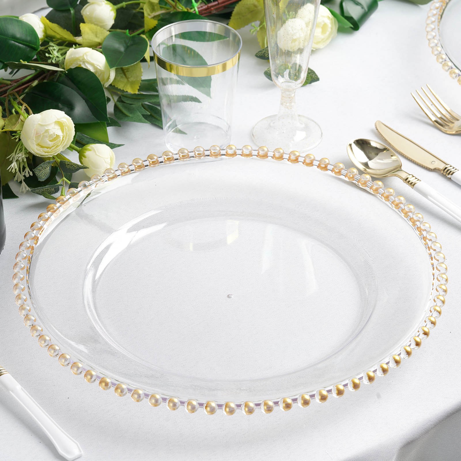 TigerChef Clear Acrylic Plastic Charger Plate With Gold Beaded Rim 12