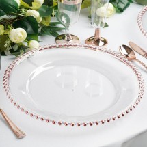 TigerChef Clear Acrylic Plastic Charger Plate With Rose Gold Beaded Rim 12"