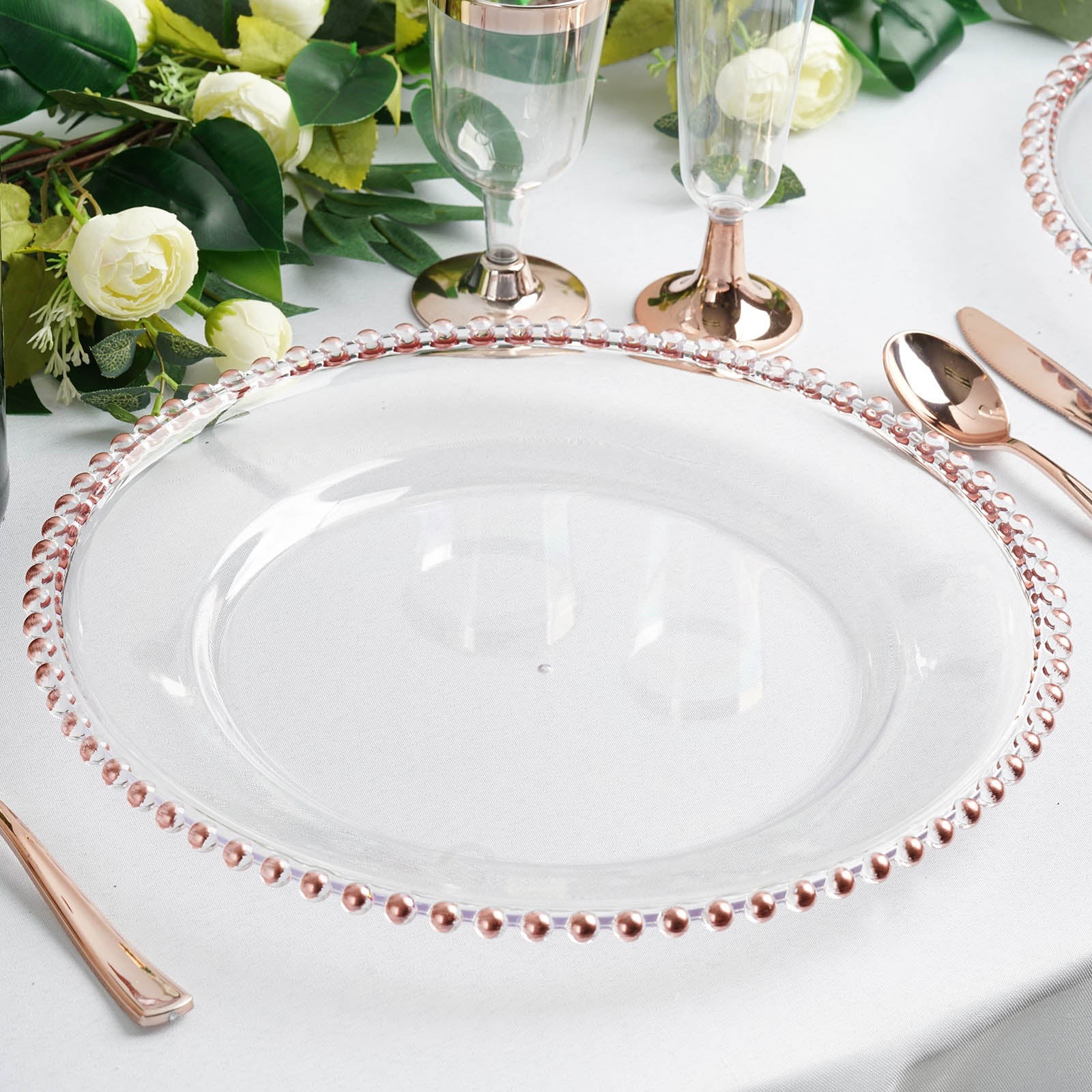 TigerChef Clear Acrylic Plastic Charger Plate With Rose Gold Beaded Rim 12