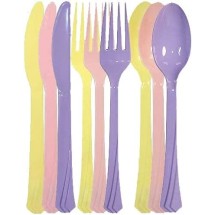 TigerChef Dora Heavy Duty Plastic Cutlery Set, includes 24 Forks, 24 Teaspoons, and 24 Knives in Pink, Yellow and Purple, 72/Pack