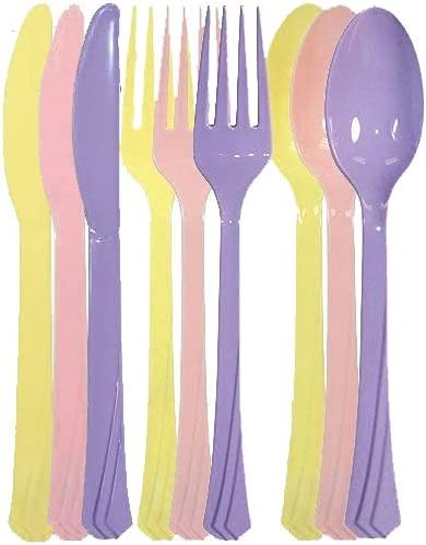 TigerChef Dora Heavy Duty Plastic Cutlery Set, includes 24 Forks, 24 Teaspoons, and 24 Knives in Pink, Yellow and Purple, 72/Pack