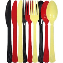 TigerChef Plastic Cutlery Set, Ninjago Colors, 48 Forks, 48 Teaspoons, 48 Knives, Yellow, Red, Black, 144/Pack