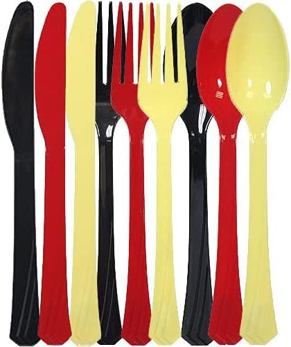 TigerChef Plastic Cutlery Set, Ninjago Colors, 48 Forks, 48 Teaspoons, 48 Knives, Yellow, Red, Black, 144/Pack