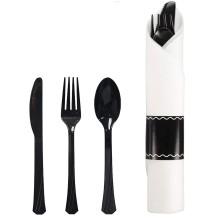TigerChef Pre-Rolled White Napkin with Black Cutlery and Black Napkin Band Set - 30/Pack