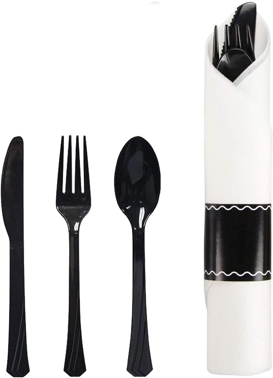 TigerChef Pre-Rolled White Napkin with Black Cutlery and Black Napkin Band Set - 30/Pack