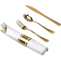 TigerChef Pre-Rolled White Napkin with Gold Cutlery and Gold Napkin Band Sets - 100 Sets