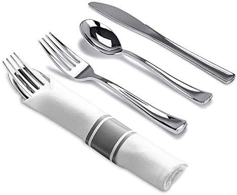 TigerChef Pre-Rolled White Napkin with Silver Cutlery and Silver Napkin Band Sets - 50 Sets