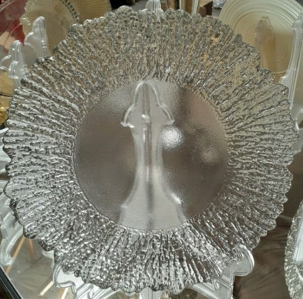TigerChef Round Glass Silver Flower Charger Plate 13