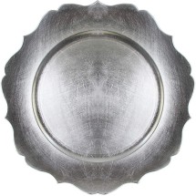 TigerChef Silver Distressed Scalloped Melamine Charger Plate 13&quot;, Set of 24