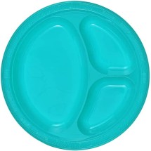 TigerChef Turquoise Plastic 3 Compartment Divided Plate 10", 56/carton