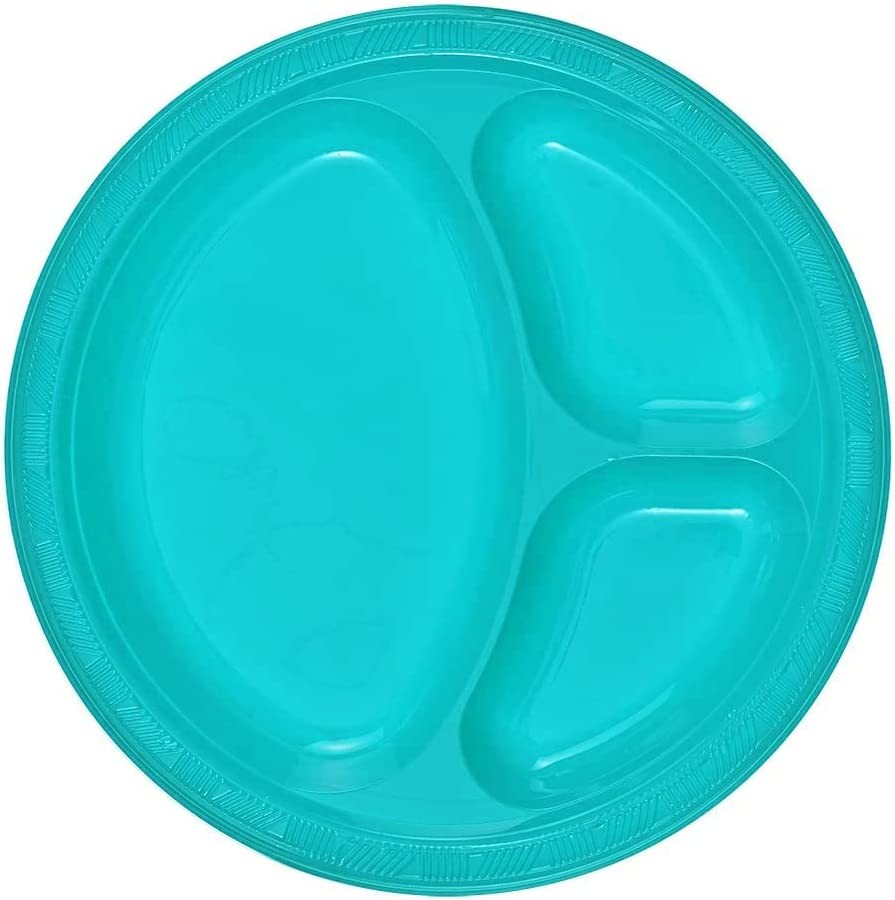 TigerChef Turquoise Plastic 3 Compartment Divided Plate 10", 56/carton