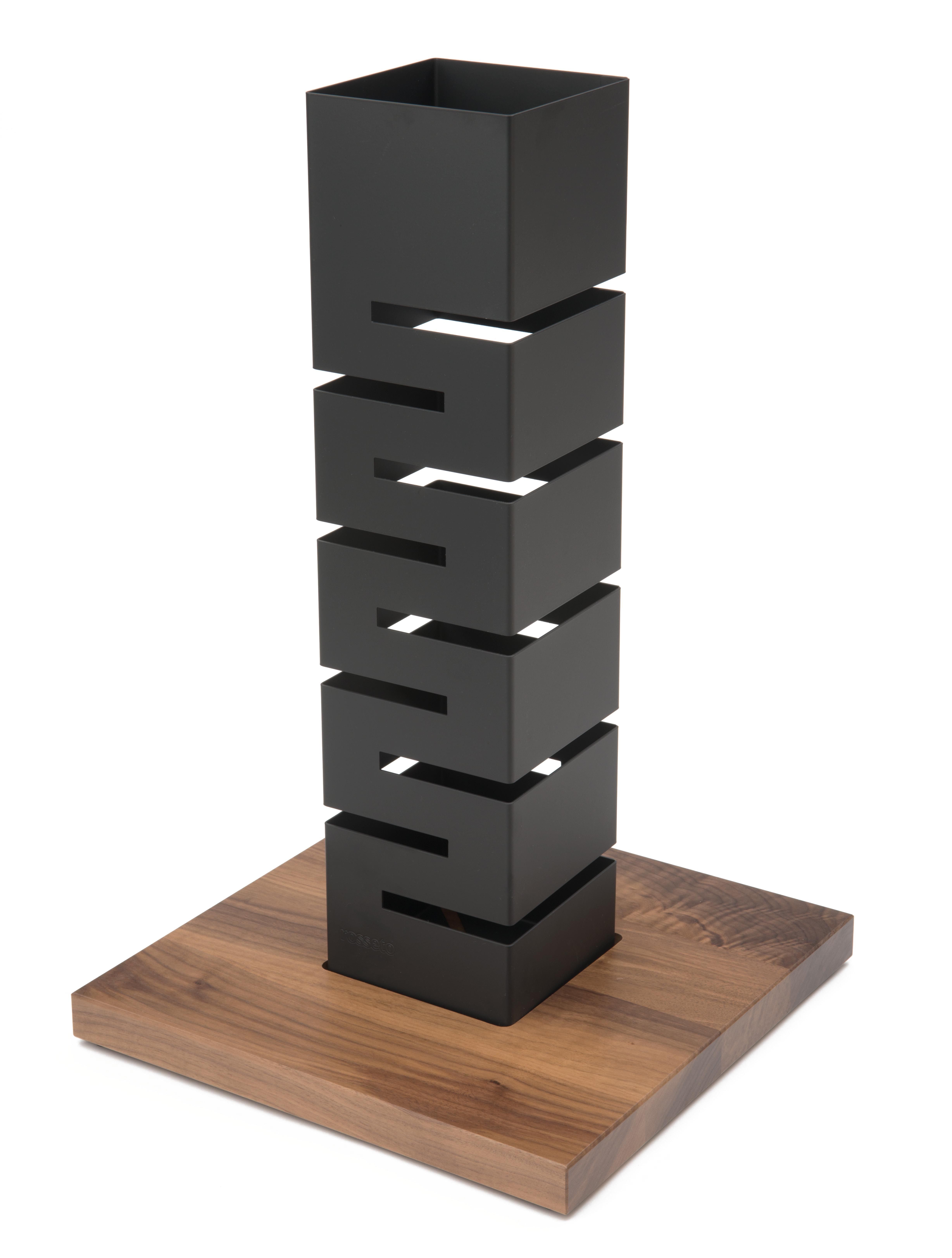 Rosseto SM160 SKYCAP Black Matte Steel Tall Column Multi-Level Riser with Walnut Base 13.75" x 13.75" x 22.5"H