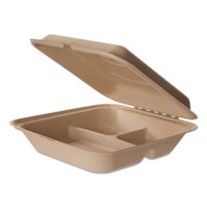 Wheat Straw Hinged Clamshell Containers, 9 x 9 x 3, 3-Compartment, 200/Carton
