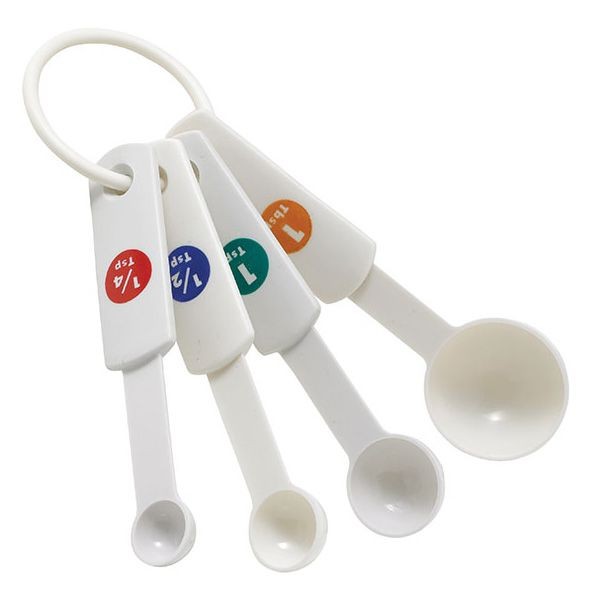 White Plastic Measuring Spoons With Capacity Marking, 1/4, 1/2, 1