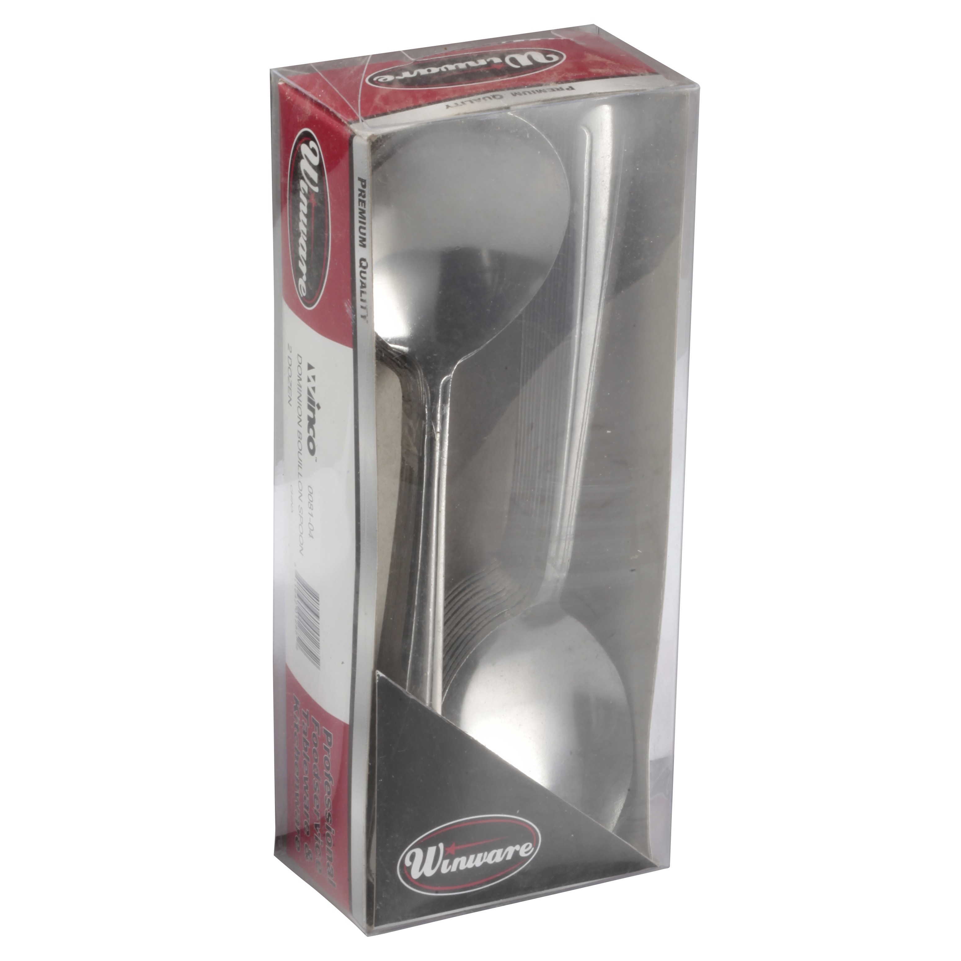 Winco 0081-04 Dominion Medium Weight 18/0 Bouillon Spoon In Clear View Pack (24/Pack)