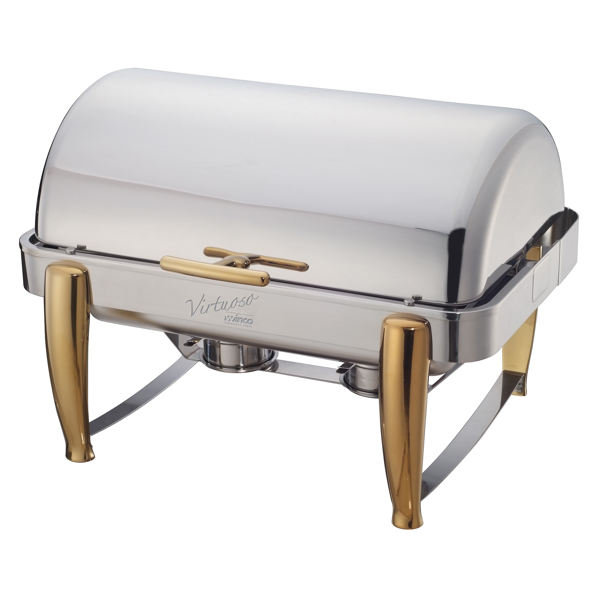 Winco 101A Virtuoso Full Size Roll-Top Chafer with Gold Accent 8 Qt.