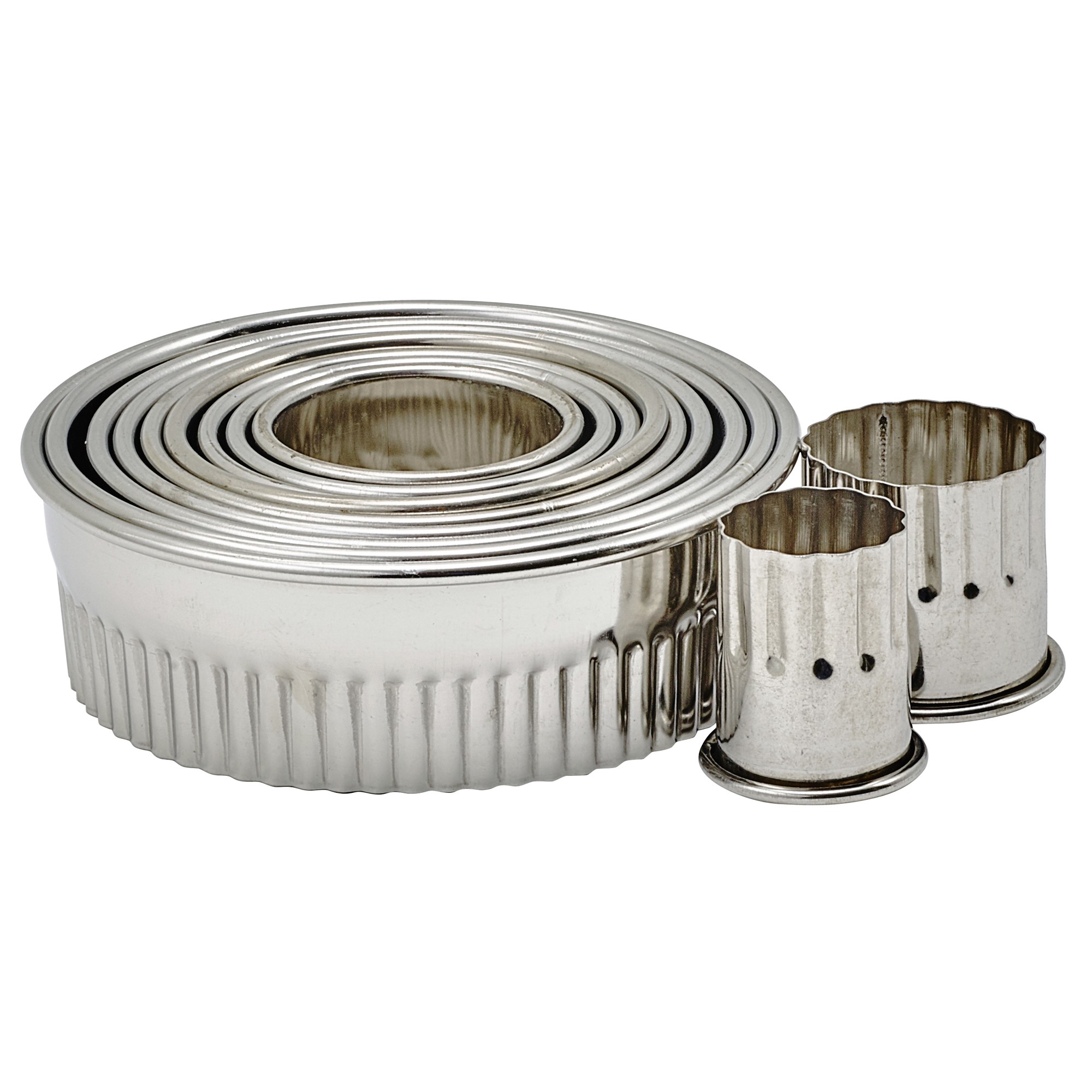 Winco CST-1 11-Piece Fluted Round Stainless Steel Cookie Cutter Set 1"H