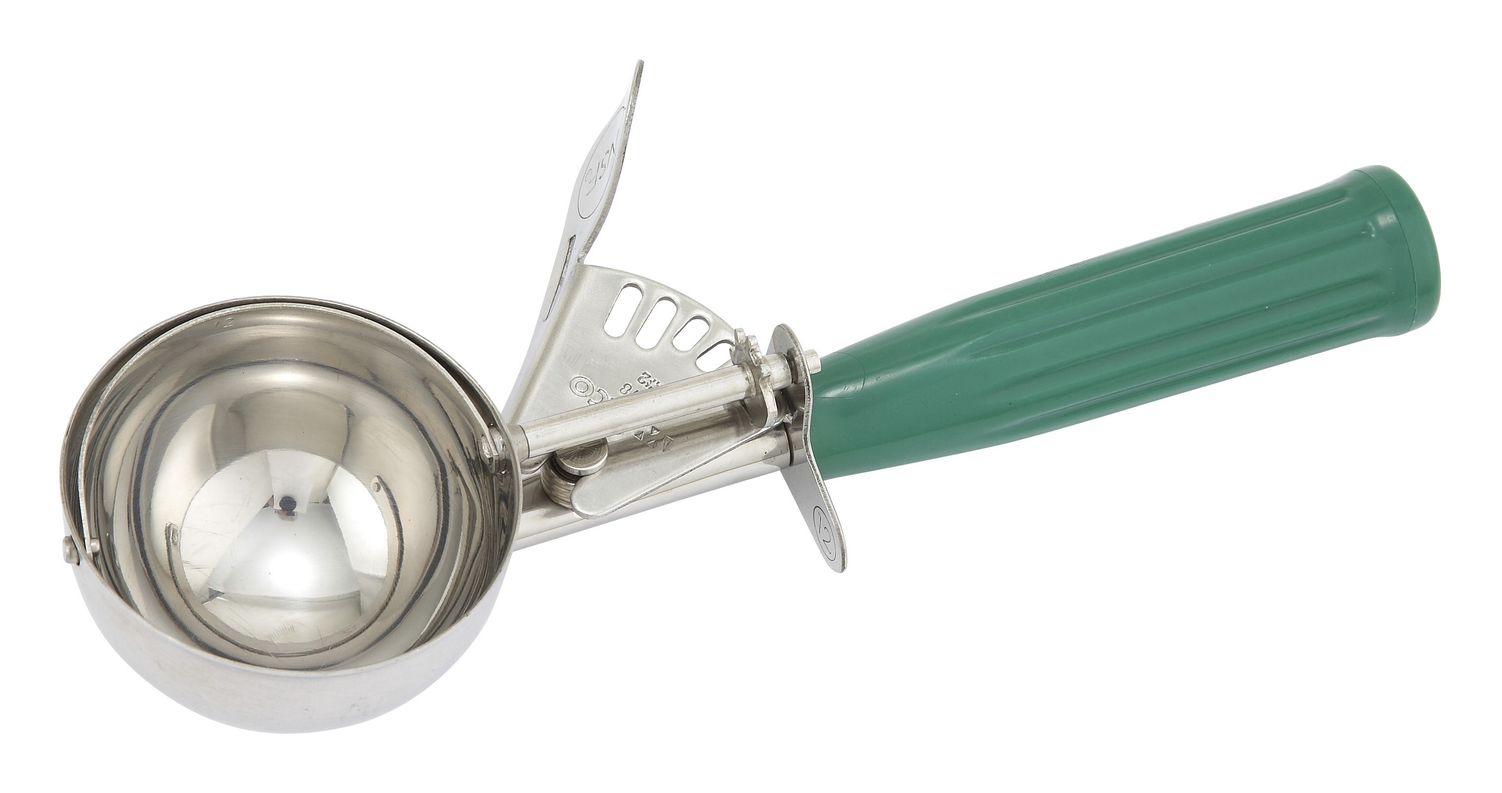 Winco ICD-12 Ice Cream Disher 3.25 oz. with Green Plastic Handle Size 12