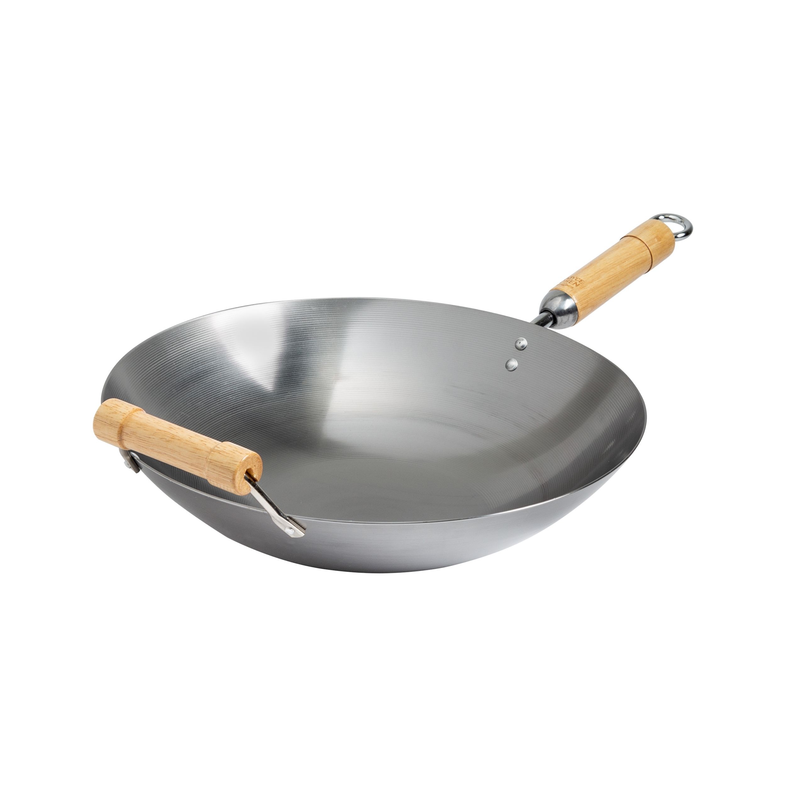 Winco J20-1140 Carbon Steel Round Bottom Wok with Birch Handles, 14"