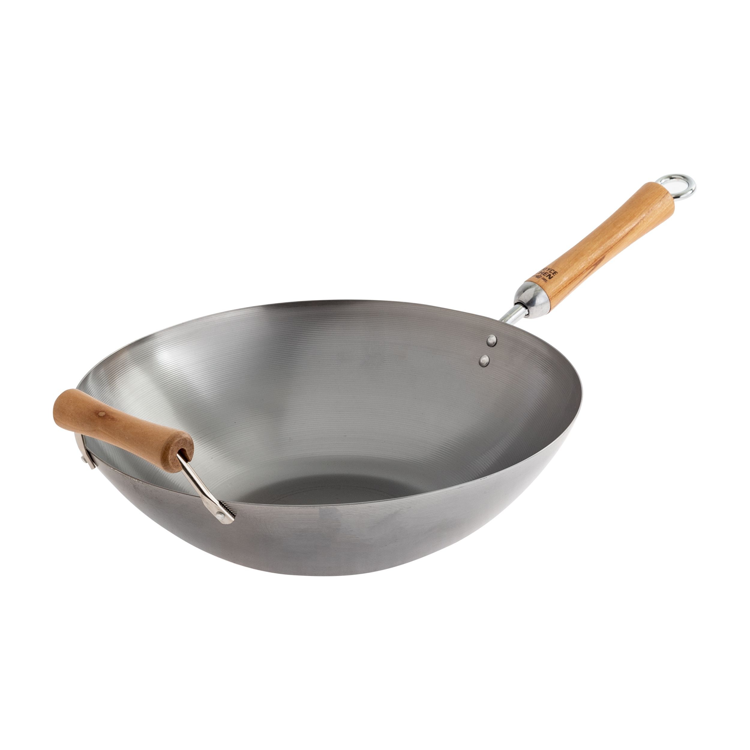Winco J21-9978 Uncoated Carbon Steel Flat Bottom Wok with Birch Handles, 14"