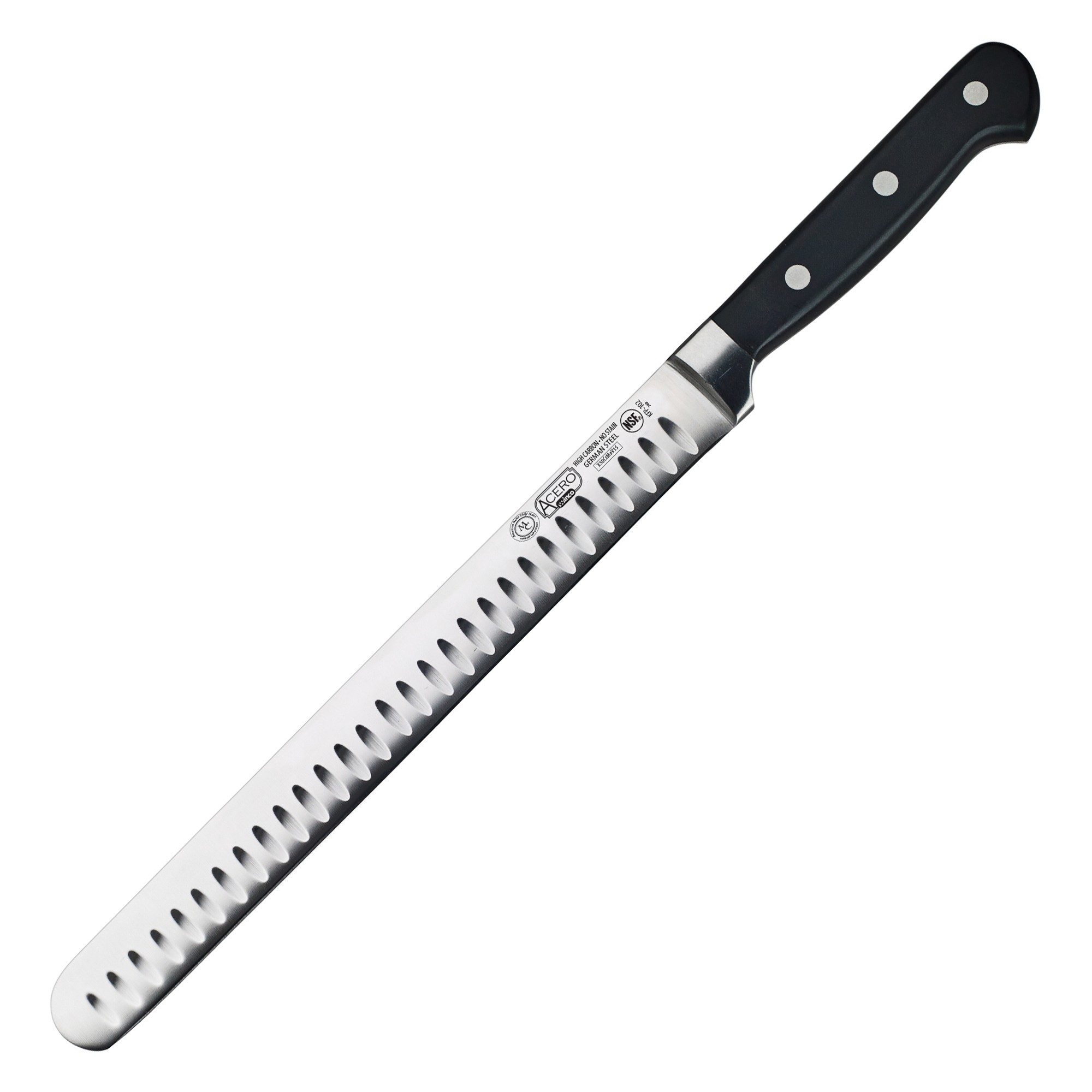 Winco KFP-102 Fish/Roast Granton Edge Slicer with POM Handle 10"