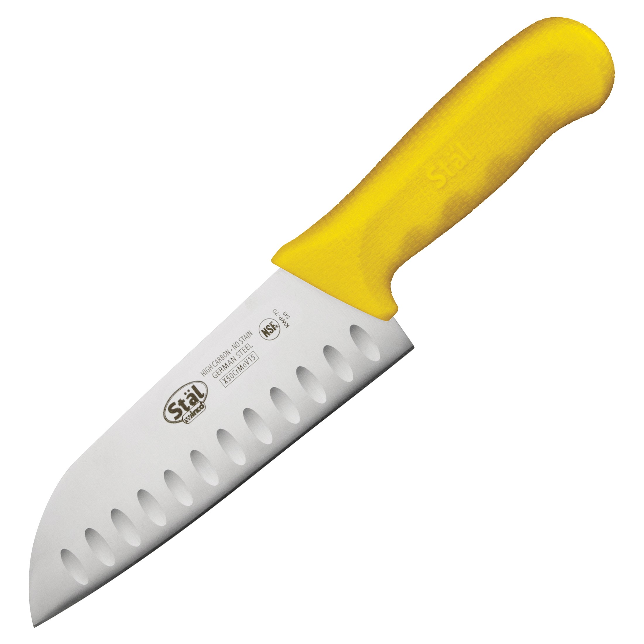 Winco KWP-70Y Stal Stamped 7" Santoku Knife, Yellow Handle