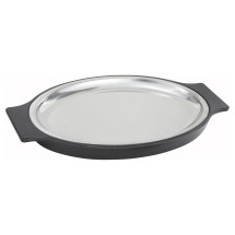 Winco SIZ-11ST Oval Stainless Steel Sizzling Platter with Bakelite Underliner 11&quot; x 8&quot;
