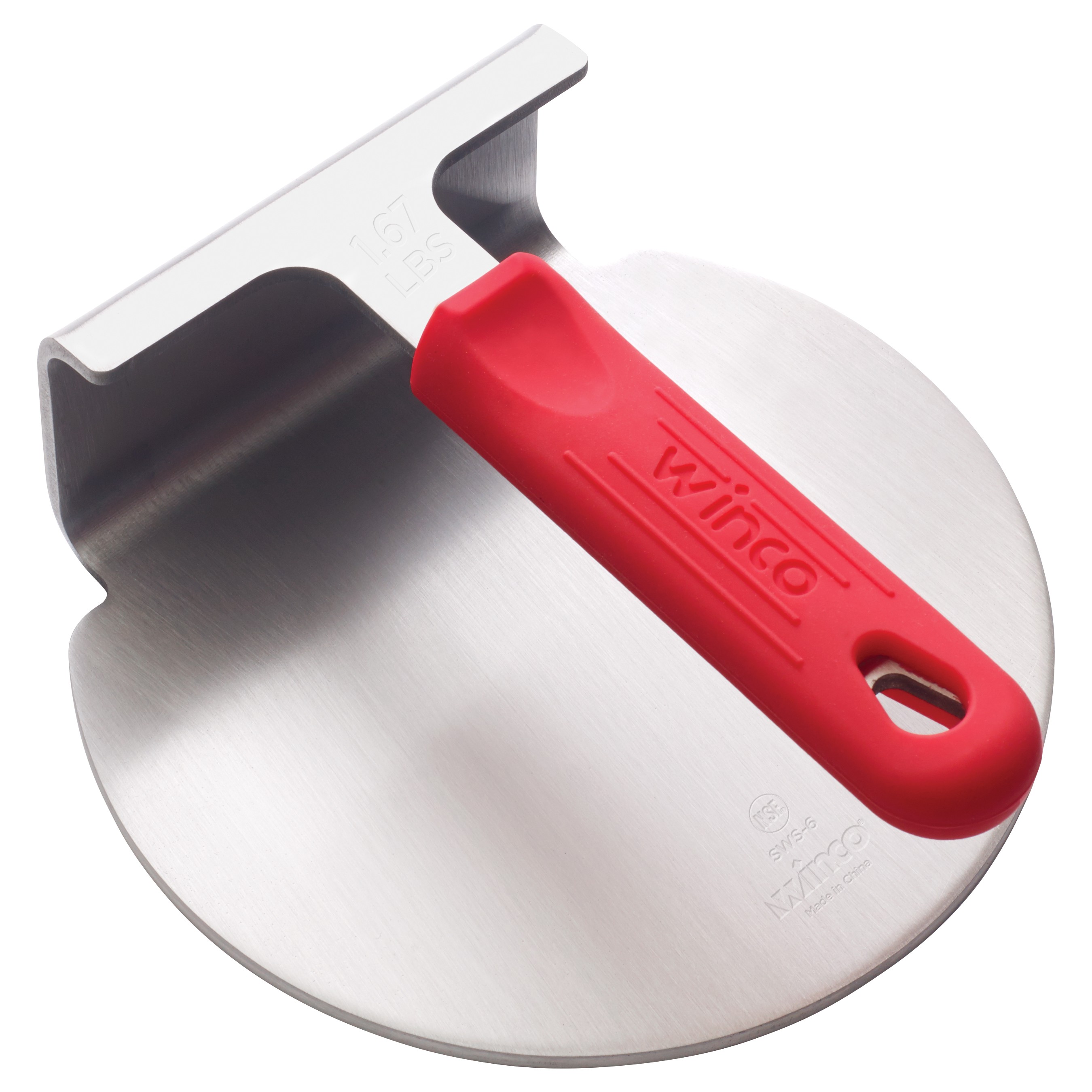 Winco SWS-6 One-Piece 18/8 Stainless Steel Smash Burger Press with Red Silicone Sleeve