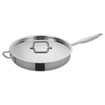 Winco TGET-7 Tri-Ply Stainless Steel 7 Qt. Saute&acute; Pan with Cover, Helper Handle