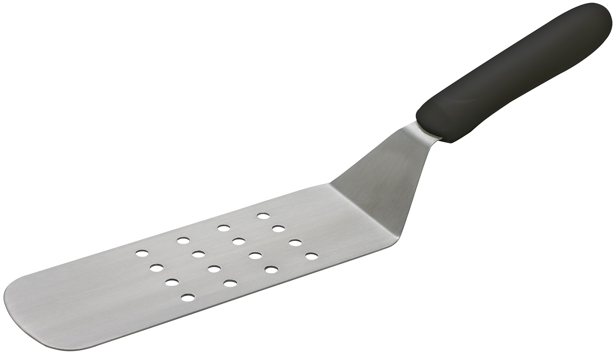 Winco TKP-91 Offset Flexible Turner 9 1/2" x 3" Perforated Blade, Black Polypropylene Handle