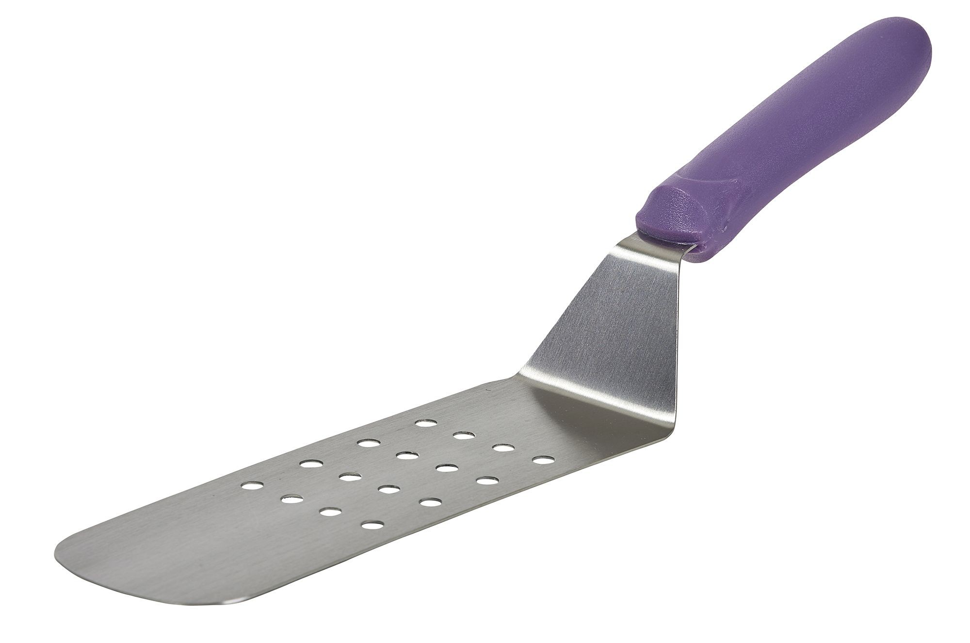 Winco TWP-91P Stainless Steel Allergen Free Perforated Flexible Offset Turner with Purple Handle 8-1/4" x 2-7/8"