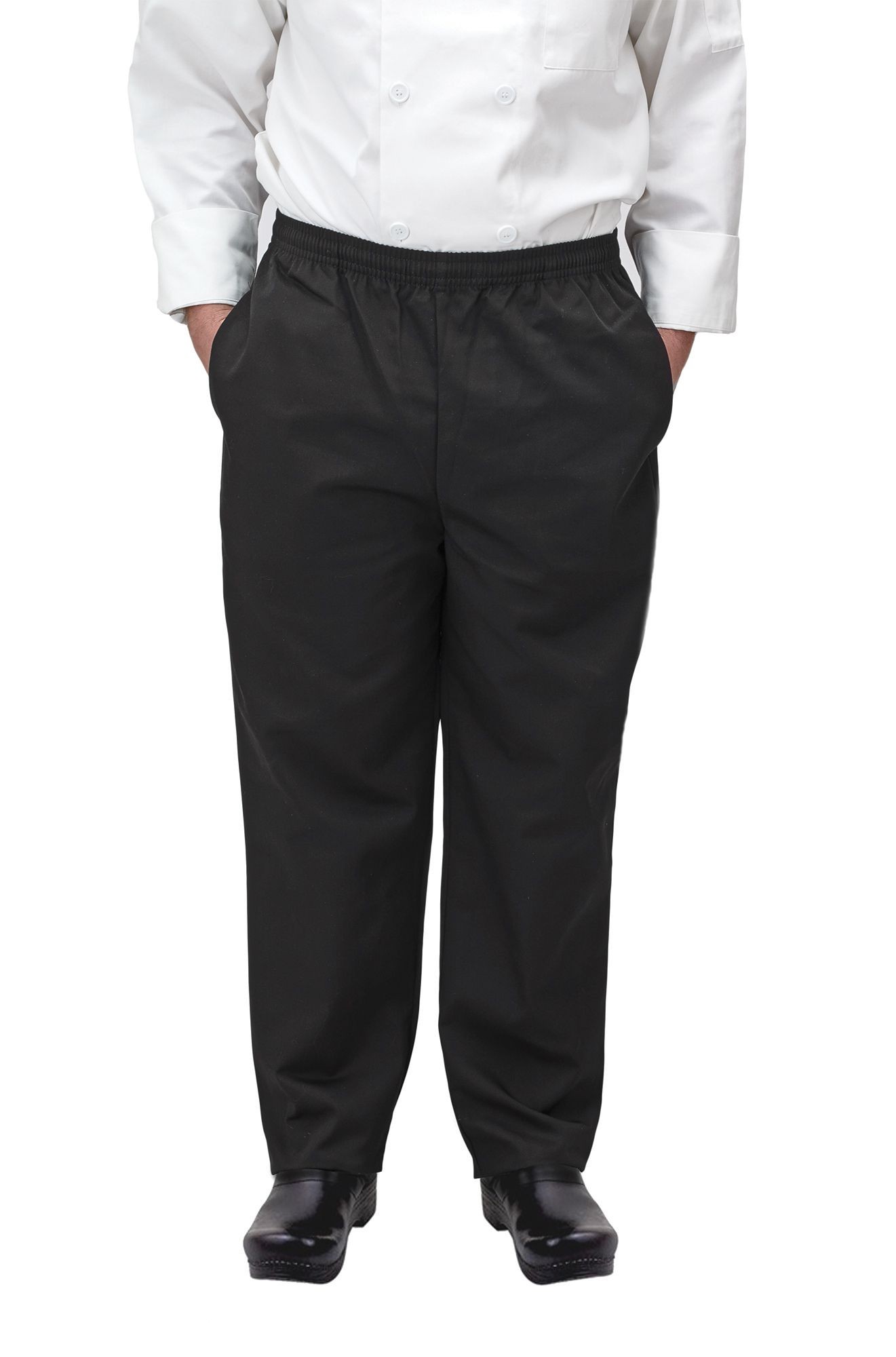 Winco UNF-2KL Black Poly-Cotton Blend Relaxed Fit Chef Pants, Large